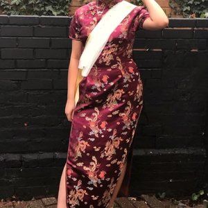 plum coloured cheongsam chinese mandarin dress dragon print